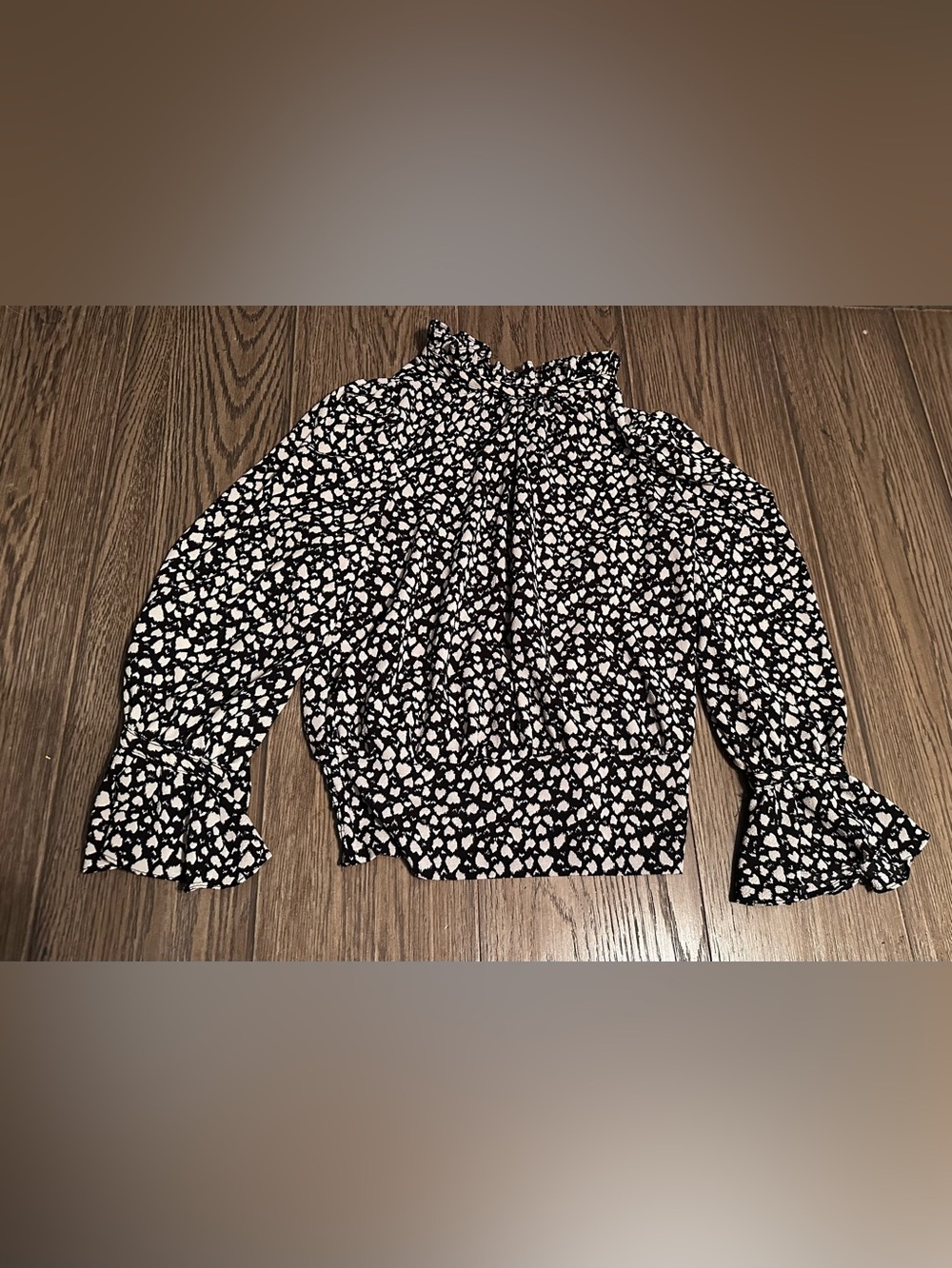 Roommates Black and White Heart-Print Ruffle-Neck Blouse